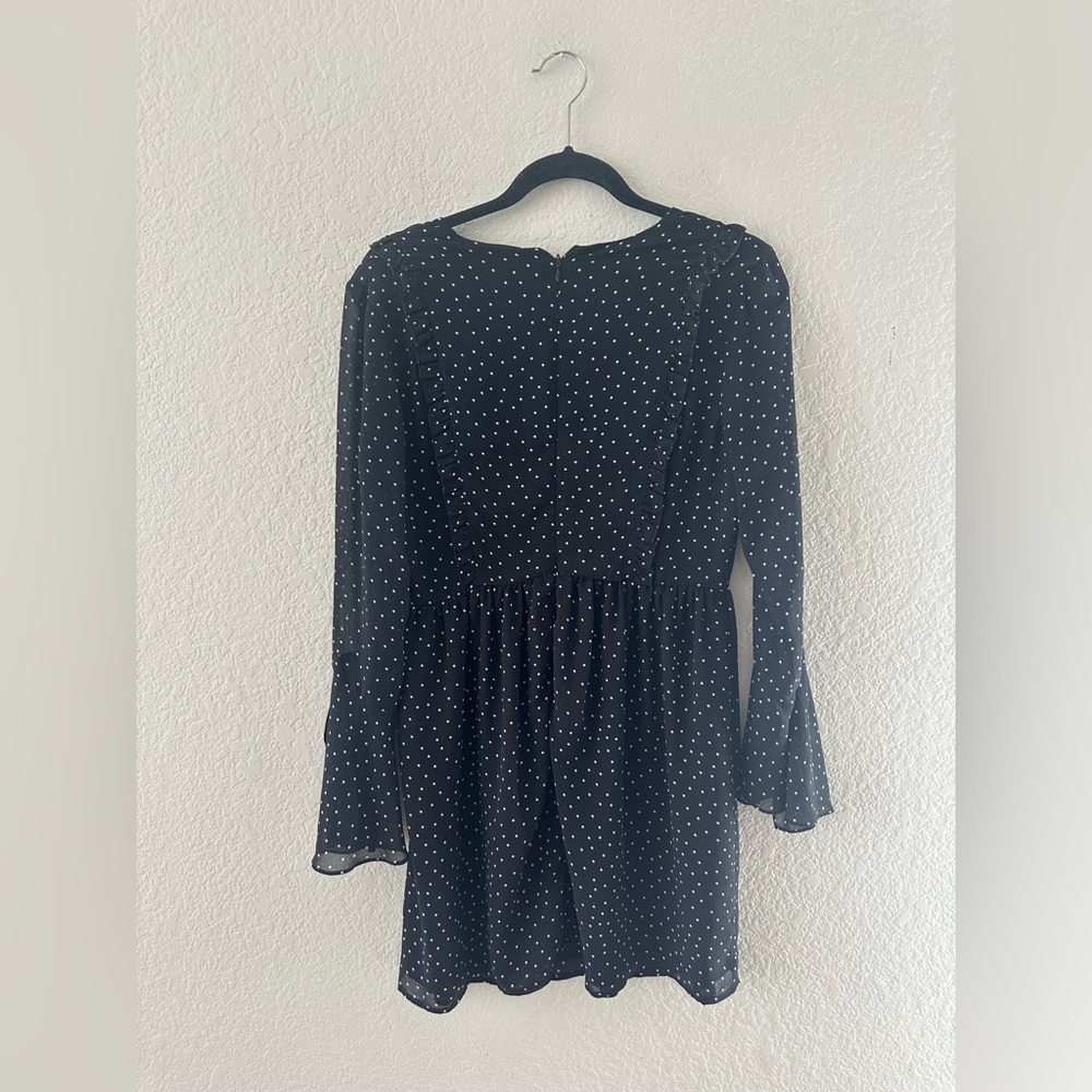 Leyden Black and White Polka Dot Fit and Flare Dress with Bell Sleeves - Picture 2 of 3